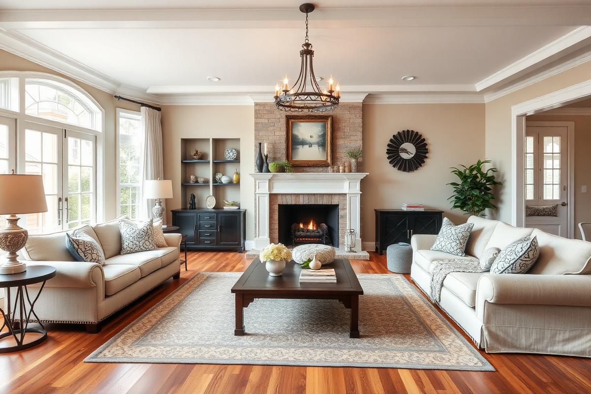 Large living room with fireplace and two cream sofas
