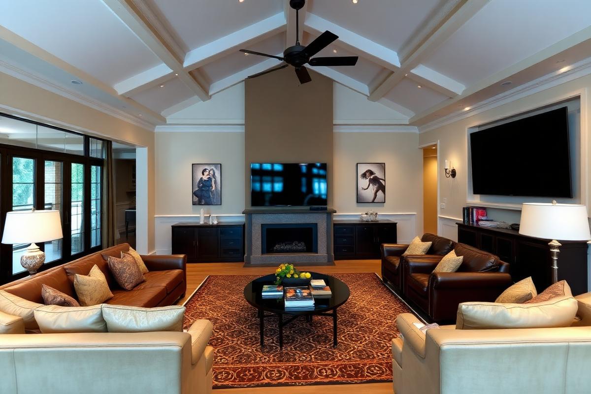 Vaulted great room with leather sofas and large television