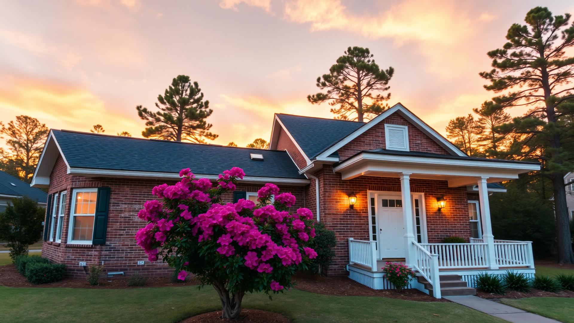 Brick rental home with white porch and blooming azaleas at sunset in Augusta, Georgia